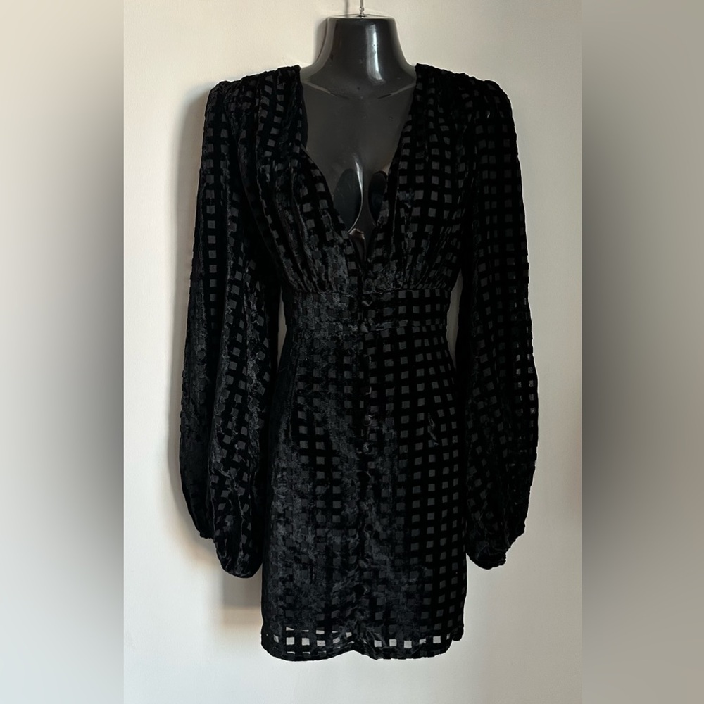 NWT Nasty Gal Black Velvet Mini Dress Deep V Button Front